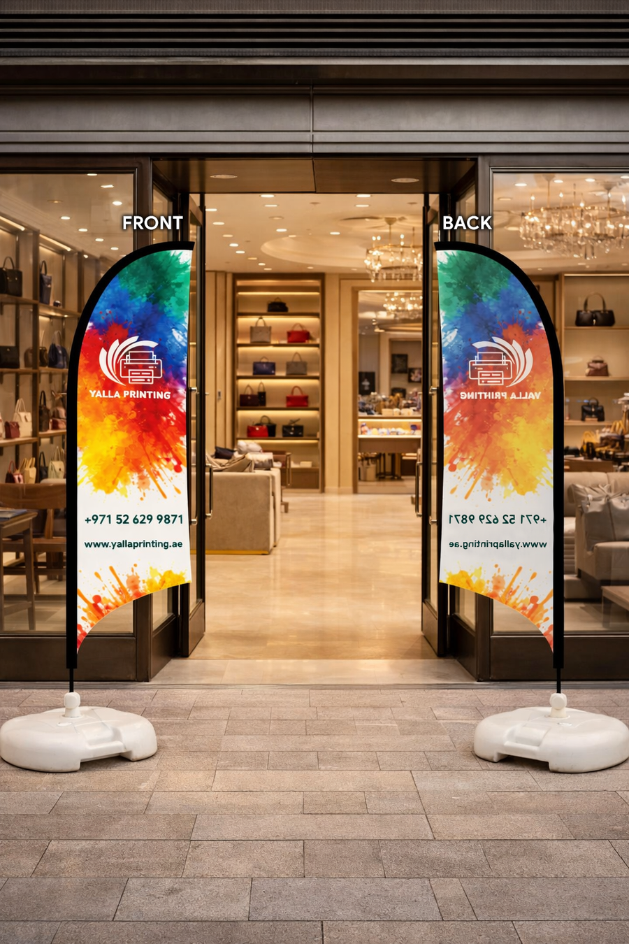 Custom Printed Curved Top Flag with White Square Water Base (20KG) – Premium Polyester Fabric Advertising Flag | Single Side Printing with Reversed Back | Indoor & Outdoor Promotional Display | Yalla Printing UAE