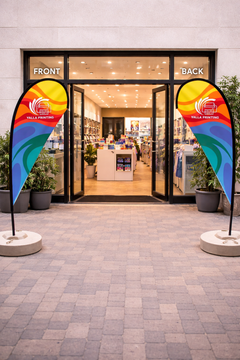 Custom Printed Double Sided Teardrop Flag with Round Concrete Base (45KG) – Premium Satin Fabric Advertising Flag | 2 Printed Fabrics Stitched Together for Double Side View | Indoor & Outdoor Promotional Display | Yalla Printing UAE