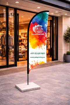 Custom Printed Double Sided Curved Top Flag with Square Concrete Base (30KG) – Premium Satin Fabric Advertising Flag | 2 Printed Fabrics Stitched Together for Double Side View | Indoor & Outdoor Promotional Display | Yalla Printing UAE