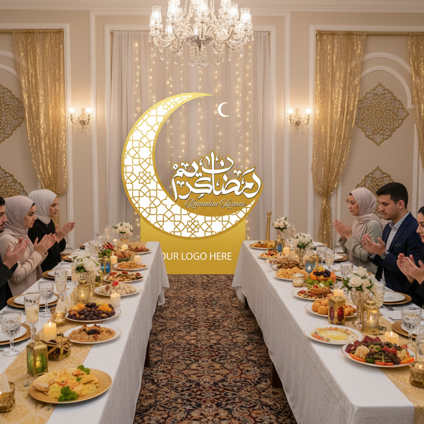 🌙 Ramadan Kareem Premium Crescent Moon Standee | Luxury Ramadan Event Centerpiece with Custom Logo | Yalla Printing UAE