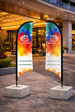 Custom Printed Curved Top Flag with Square Concrete Base (80KG) – Premium Polyester Fabric Advertising Flag | Single Side Printing with Reversed Back | Indoor & Outdoor Promotional Display | Yalla Printing UAE