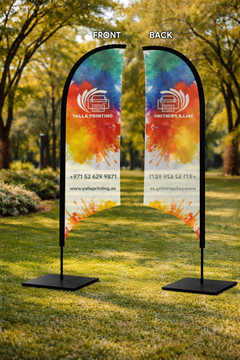 Custom Printed Curved Top Flag with Square Metal Base – Premium Polyester Fabric Advertising Flag | Single Side Printing with Reversed Back | Indoor & Outdoor Promotional Display | Yalla Printing UAE