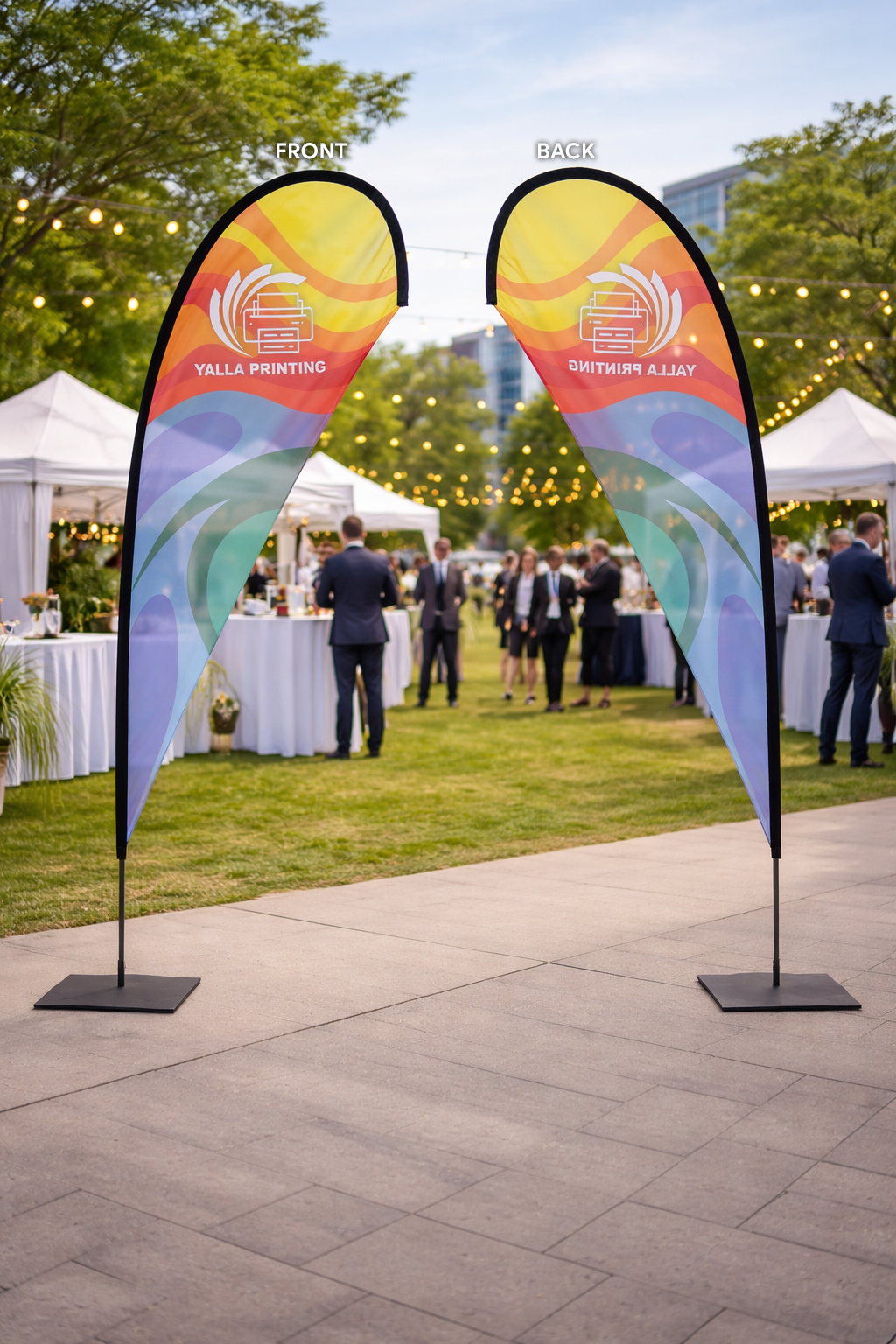 Custom Printed Teardrop Flag with Square Metal Base – Premium Polyester Fabric Advertising Flag | Single Side Printing with Reversed Back | Indoor & Outdoor Promotional Display for Events, Retail & Exhibitions | Yalla Printing UAE