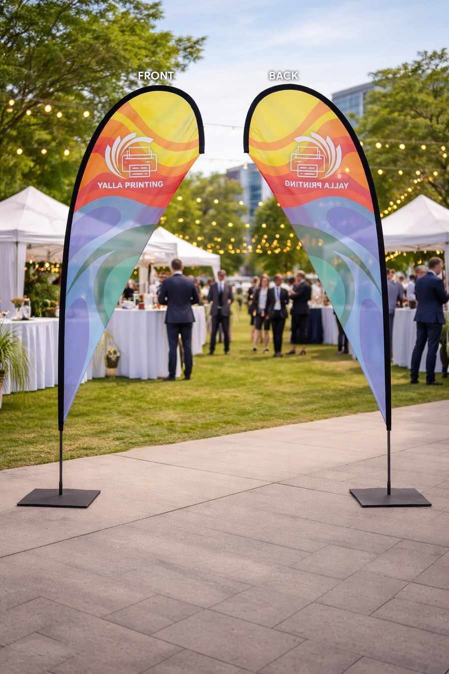 Custom Printed Teardrop Flag with Square Metal Base – Premium Polyester Fabric Advertising Flag | Single Side Printing with Reversed Back | Indoor & Outdoor Promotional Display for Events, Retail & Exhibitions | Yalla Printing UAE