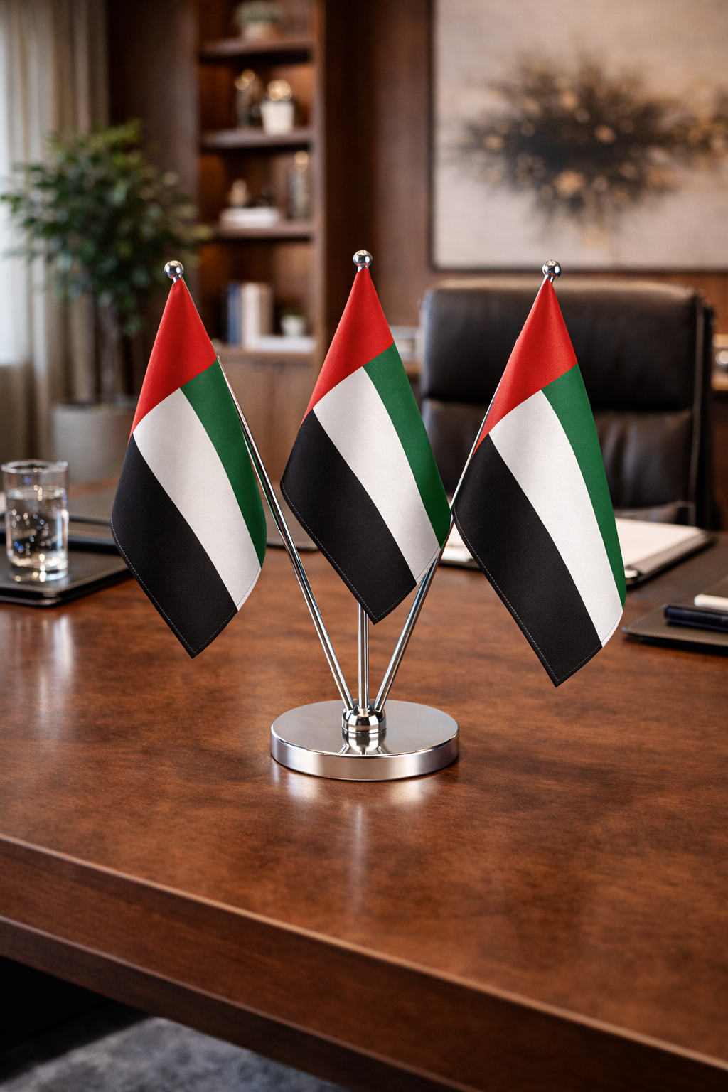 Custom Table Top Flag Stand – Standard Size Satin Double Side Desk Flag with V Shape Silver Pole for 3 Flags | Custom Sticker & Label Printing | Free Design Support | Yalla Printing UAE