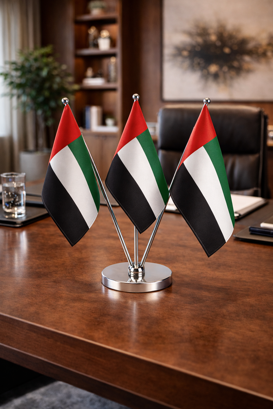Custom Table Top Flag Stand – Standard Size Satin Double Side Desk Flag with V Shape Silver Pole for 3 Flags | Office, Conference, Reception & Event Display | Yalla Printing UAE