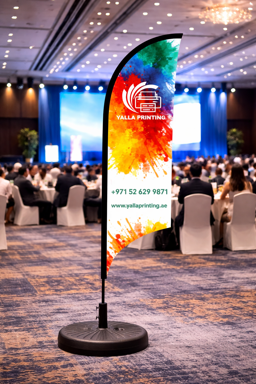 Custom Printed Double Sided Curved Top Flag with Round Black Water Base (32KG) – Premium Satin Fabric Advertising Flag | 2 Printed Fabrics Stitched Together for Double Side View | Indoor & Outdoor Promotional Display | Yalla Printing UAE