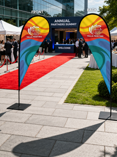 Custom Printed Double Sided Teardrop Flag with Square Metal Base – Premium Satin Fabric Advertising Flag | 2 Printed Fabrics Stitched Together for Double Side View | Indoor & Outdoor Promotional Display | Yalla Printing UAE