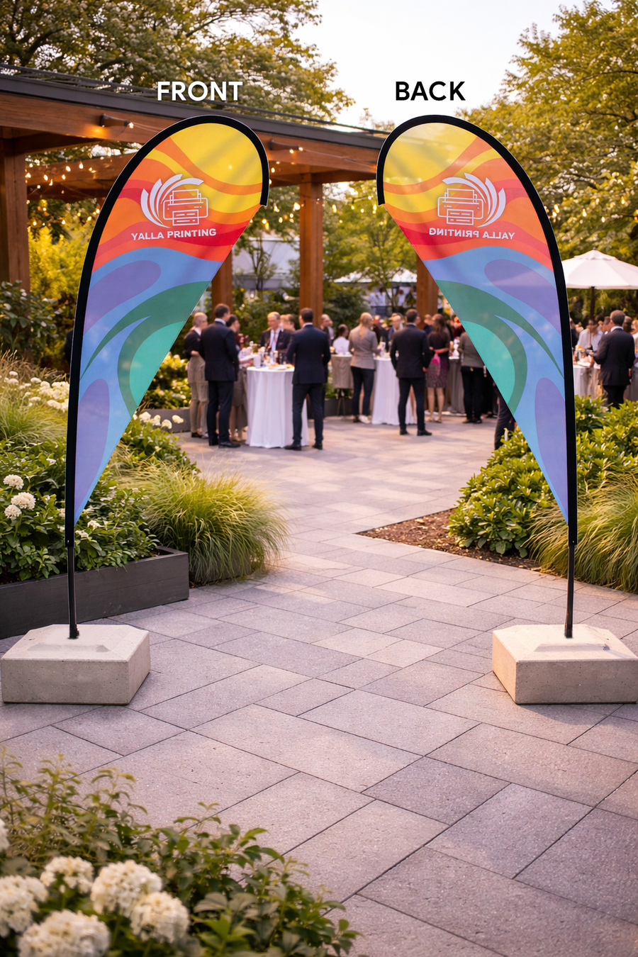 Custom Printed Teardrop Flag with Square Concrete Base (80KG) – Premium Polyester Fabric Advertising Flag | Single Side Printing with Reversed Back | Indoor & Outdoor Promotional Display for Events, Retail & Exhibitions | Yalla Printing UAE