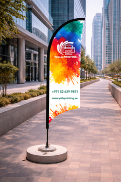 Custom Printed Double Sided Curved Top Flag with Round Concrete Base (45KG) – Premium Satin Fabric Advertising Flag | 2 Printed Fabrics Stitched Together for Double Side View | Indoor & Outdoor Promotional Display | Yalla Printing UAE
