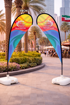 Custom Printed Teardrop Flag with White Square Water Base (20KG) – Premium Polyester Fabric Advertising Flag | Single Side Printing with Reversed Back | Indoor & Outdoor Promotional Display for Events, Retail & Exhibitions | Yalla Printing UAE