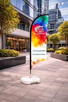 Custom Printed Double Sided Curved Top Flag with White Square Water Base (20KG) – Premium Satin Fabric Advertising Flag | 2 Printed Fabrics Stitched Together for Double Side View | Indoor & Outdoor Promotional Display | Yalla Printing UAE