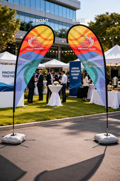 Custom Printed Teardrop Flag with Cross Base & Water Weight Bag – Premium Polyester Fabric Advertising Flag | Single Side Printing with Reversed Back | Indoor & Outdoor Promotional Display for Events, Retail, Exhibitions & Roadshows | Yalla Printing UAE