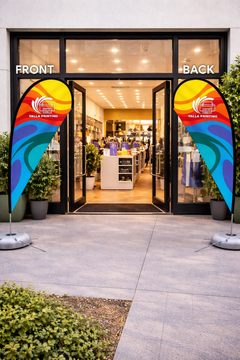 Custom Printed Double Sided Teardrop Flag with Cross Base – Premium Satin Fabric Advertising Flag | 2 Printed Fabrics Stitched Together for Double Side View | Indoor & Outdoor Promotional Display | Yalla Printing UAE