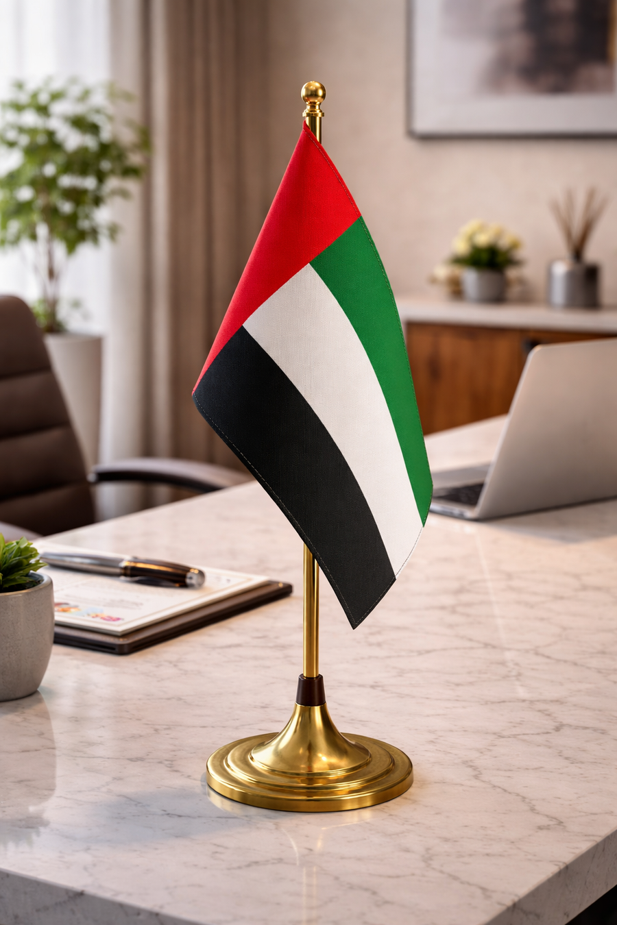 Custom Table Top Flag Stand – Standard Size Satin Fabric Double Side Printing with Single Gold Pole | Premium Desk Flags for Offices, Conferences, Reception Counters, Corporate Branding, Events & Diplomatic Table Displays | Yalla Printing UAE
