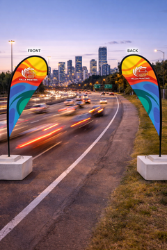 Custom Printed Double Sided Teardrop Flag with Square Concrete Base (80KG) – Premium Satin Fabric Advertising Flag | 2 Printed Fabrics Stitched Together for Double Side View | Indoor & Outdoor Promotional Display | Yalla Printing UAE