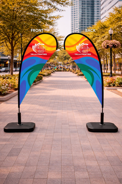 Custom Printed Double Sided Teardrop Flag with Plastic Coated Concrete Base (30KG) – Premium Satin Fabric Advertising Flag | 2 Printed Fabrics Stitched Together for Double Side View | Indoor & Outdoor Promotional Display | Yalla Printing UAE