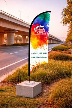 Custom Printed Double Sided Curved Top Flag with Square Concrete Base (80KG) – Premium Satin Fabric Advertising Flag | 2 Printed Fabrics Stitched Together for Double Side View | Indoor & Outdoor Promotional Display | Yalla Printing UAE