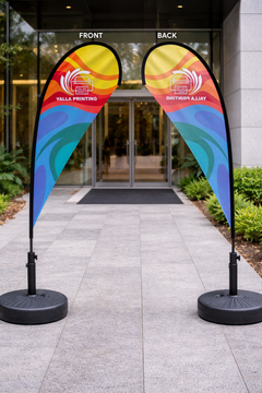 Custom Printed Teardrop Flag with Round Black Water Base (32KG) – Premium Polyester Fabric Advertising Flag | Single Side Printing with Reversed Back | Indoor & Outdoor Promotional Display for Events, Retail & Exhibitions | Yalla Printing UAE
