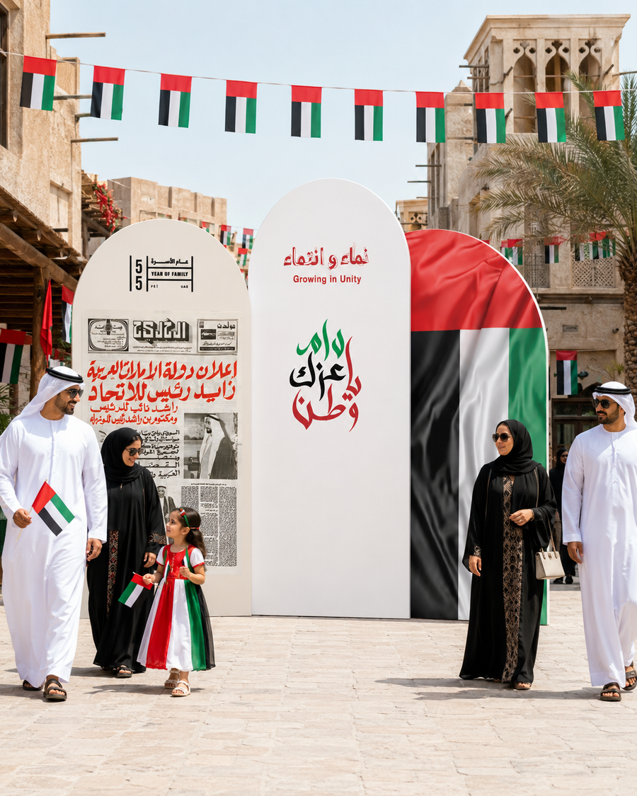 Heritage Arch Newspaper 3-Panel Backdrop Set 180x90cm + 200x100cm + 180x90cm | Customized Eid Al Etihad / UAE National Day Backdrop – Yalla Printing UAE
