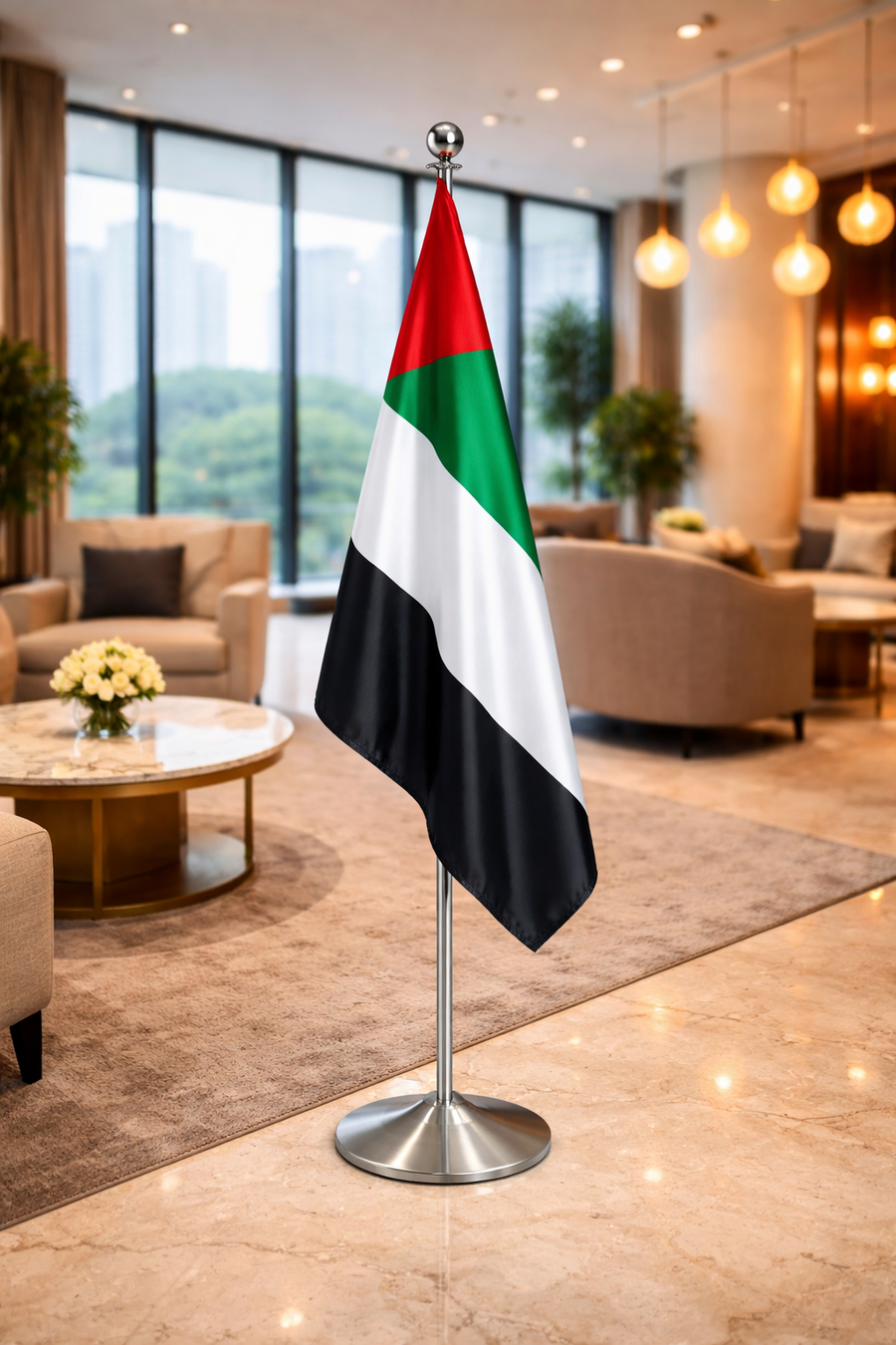 Custom Printed Conference Flag 150 x 100 cm with 2 Meter VIP Pole – Double-Sided Taffeta Satin Fabric Flag | Silver or Gold Pole Option for Office, Events, Hotels, Embassies & Corporate Display | Yalla Printing UAE