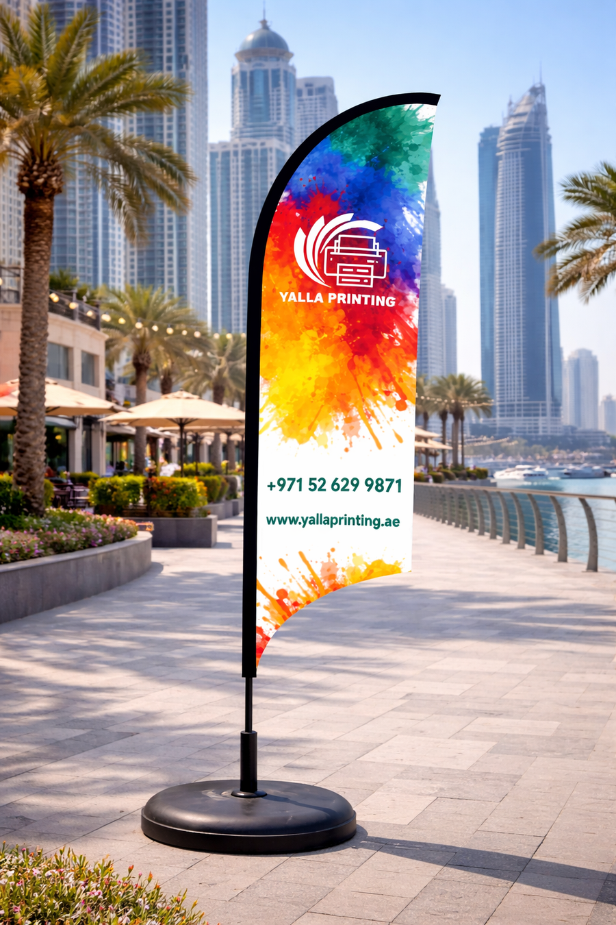 Custom Printed Double Sided Curved Top Flag with Plastic Coated Concrete Base (30KG) – Premium Satin Fabric Advertising Flag | 2 Printed Fabrics Stitched Together for Double Side View | Indoor & Outdoor Promotional Display | Yalla Printing UAE