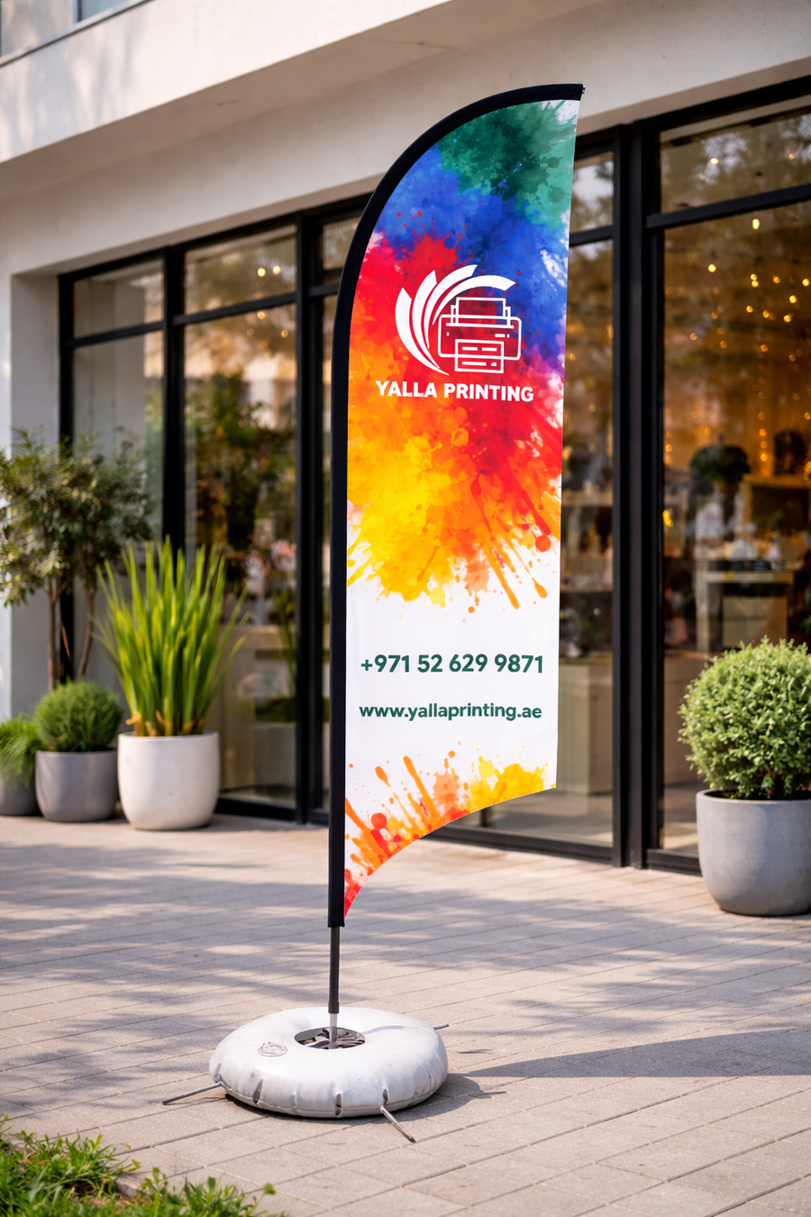 Custom Printed Double Sided Curved Top Flag with Cross Base & Water Weight Bag – Premium Satin Fabric Advertising Flag | 2 Printed Fabrics Stitched Together for Double Side View | Indoor & Outdoor Promotional Display | Yalla Printing UAE