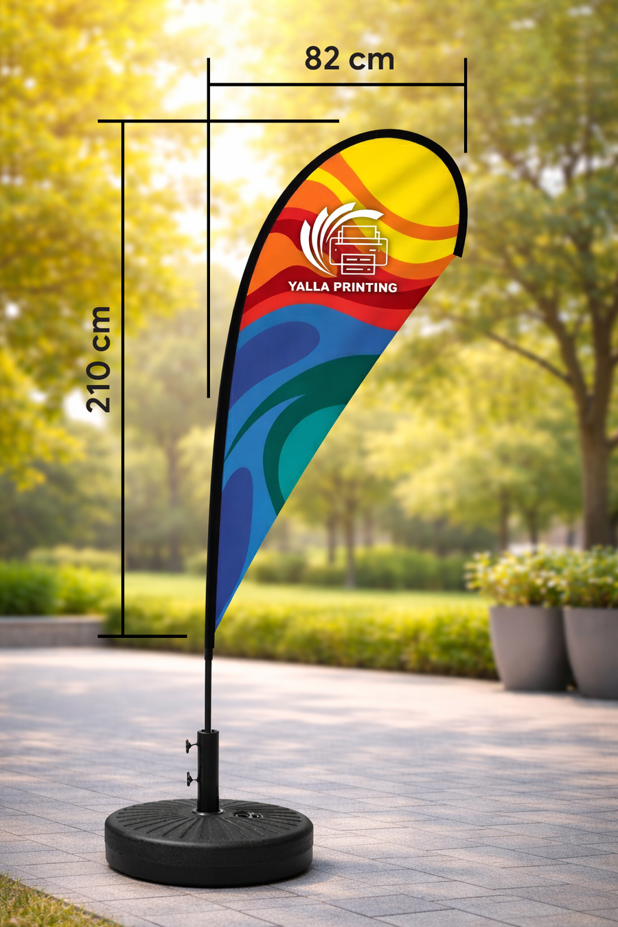 Custom Printed Teardrop Flag with Round Black Water Base (32KG) – Premium Polyester Fabric Advertising Flag | Single Side Printing with Reversed Back | Indoor & Outdoor Promotional Display for Events, Retail & Exhibitions | Yalla Printing UAE