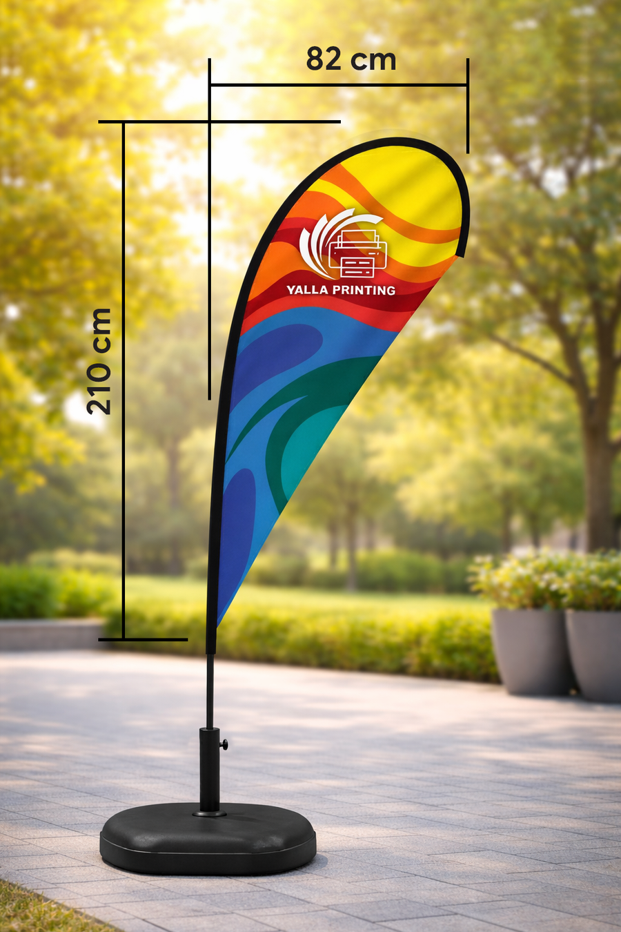 Custom Printed Double Sided Teardrop Flag with Plastic Coated Concrete Base (30KG) – Premium Satin Fabric Advertising Flag | 2 Printed Fabrics Stitched Together for Double Side View | Indoor & Outdoor Promotional Display | Yalla Printing UAE