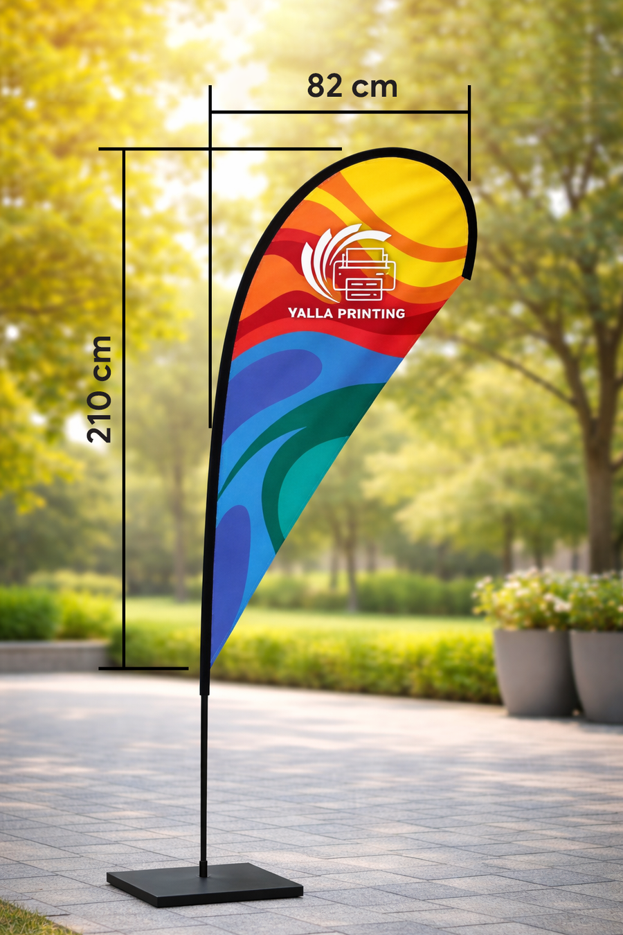 Custom Printed Double Sided Teardrop Flag with Square Metal Base – Premium Satin Fabric Advertising Flag | 2 Printed Fabrics Stitched Together for Double Side View | Indoor & Outdoor Promotional Display | Yalla Printing UAE
