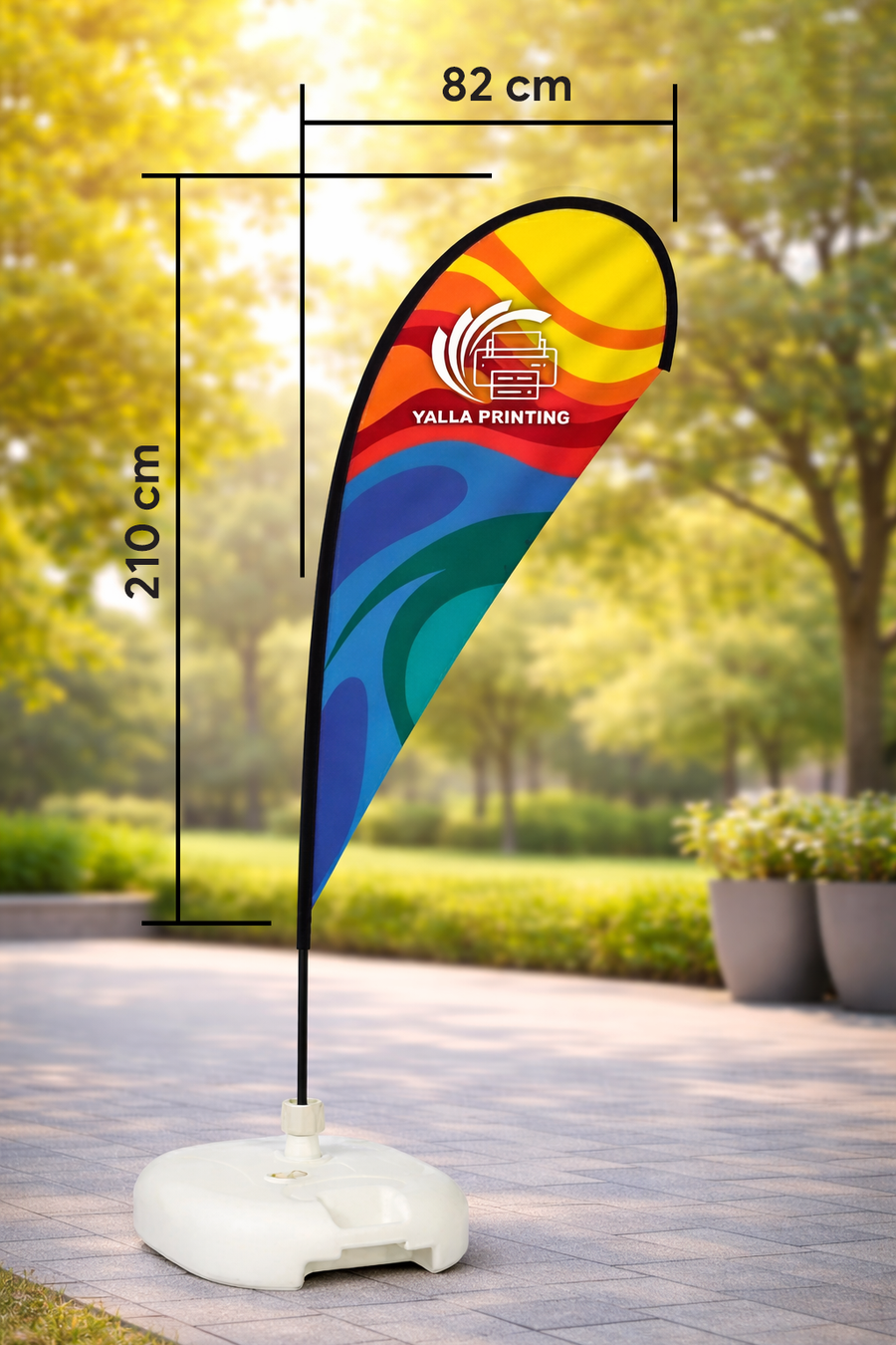 Custom Printed Teardrop Flag with White Square Water Base (20KG) – Premium Polyester Fabric Advertising Flag | Single Side Printing with Reversed Back | Indoor & Outdoor Promotional Display for Events, Retail & Exhibitions | Yalla Printing UAE