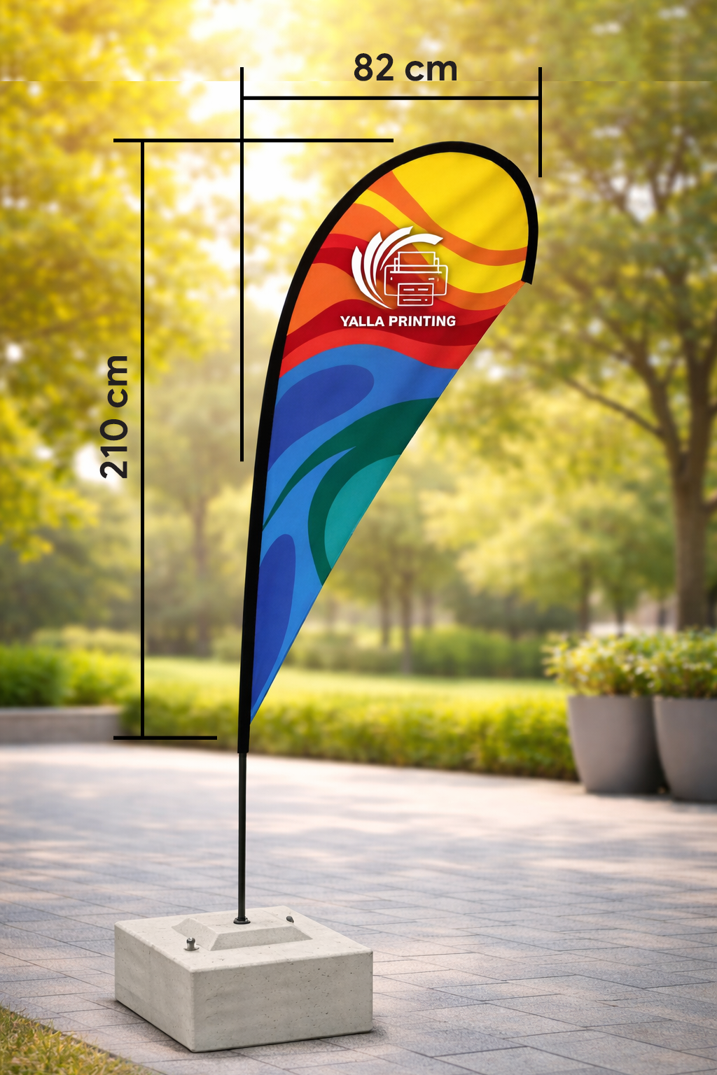 Custom Printed Teardrop Flag with Square Concrete Base (80KG) – Premium Polyester Fabric Advertising Flag | Single Side Printing with Reversed Back | Indoor & Outdoor Promotional Display for Events, Retail & Exhibitions | Yalla Printing UAE