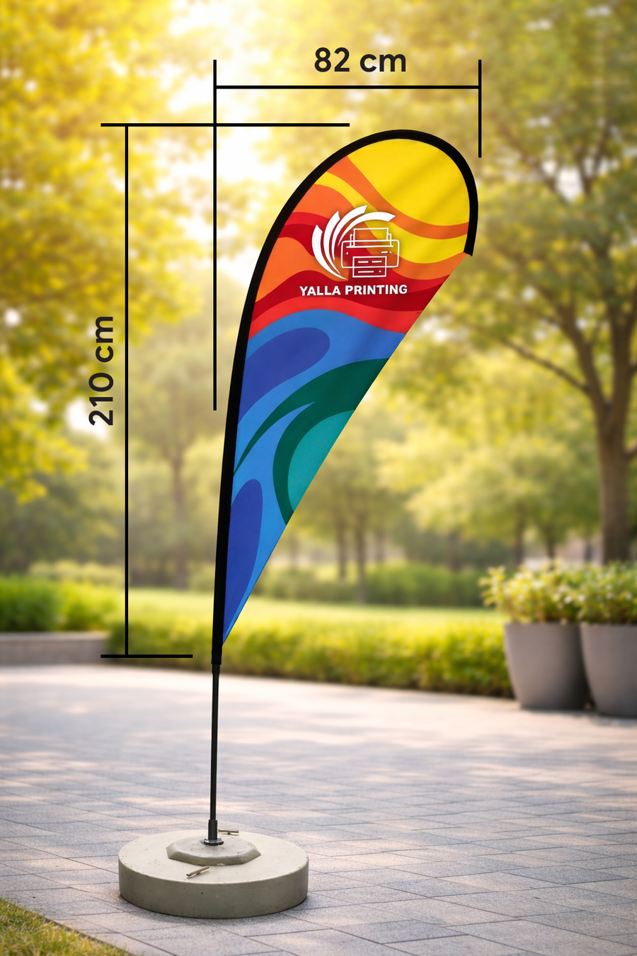 Custom Printed Double Sided Teardrop Flag with Round Concrete Base (45KG) – Premium Satin Fabric Advertising Flag | 2 Printed Fabrics Stitched Together for Double Side View | Indoor & Outdoor Promotional Display | Yalla Printing UAE