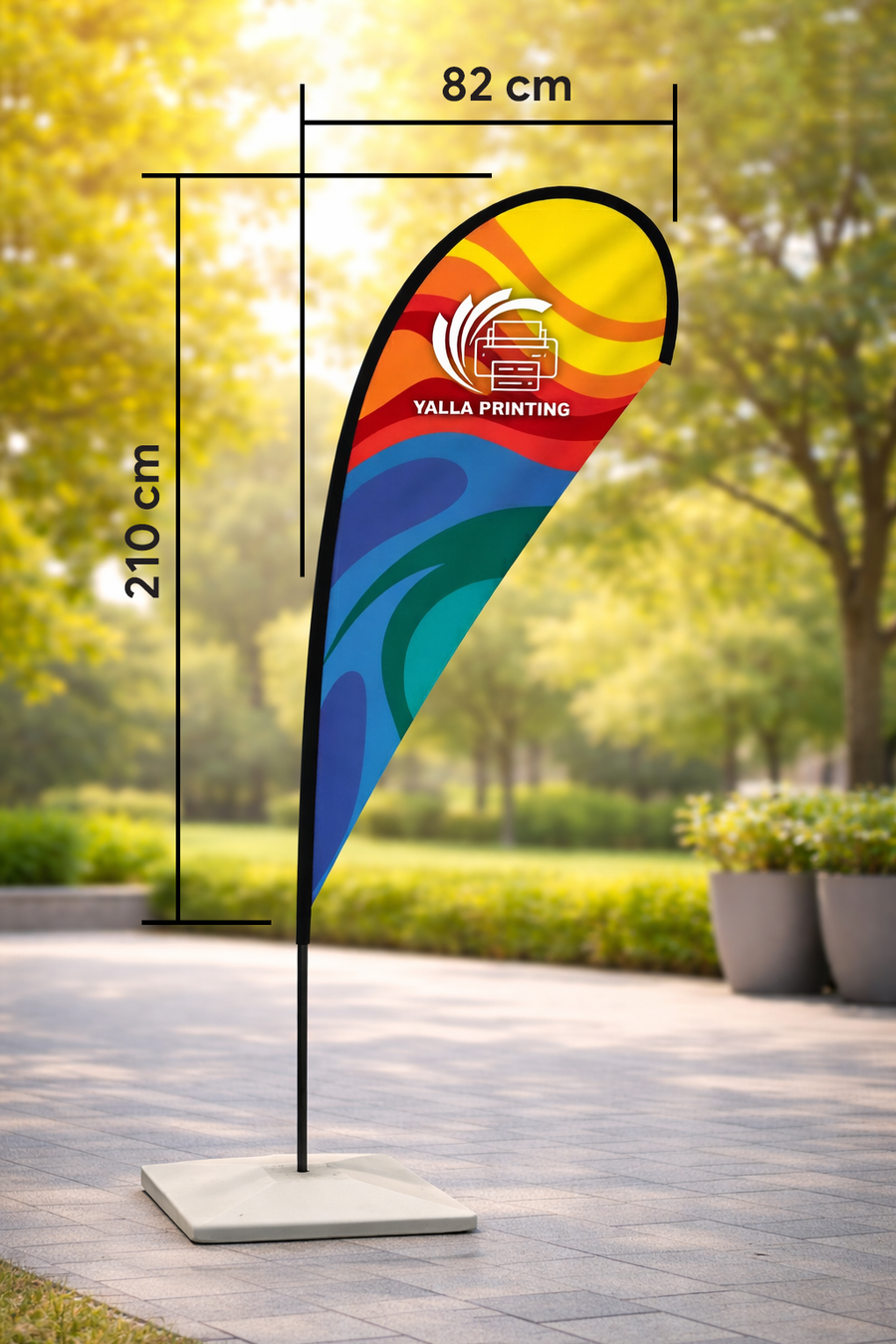 Custom Printed Double Sided Teardrop Flag with Square Concrete Base (30KG) – Premium Satin Fabric Advertising Flag | 2 Printed Fabrics Stitched Together for Double Side View | Indoor & Outdoor Promotional Display | Yalla Printing UAE