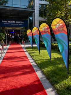 Custom Printed Double Sided Teardrop Flag with Ground Spike – Premium Satin Fabric Advertising Flag | 2 Printed Fabrics Stitched Together for Double Side View | Outdoor Promotional Display for Events, Retail & Branding | Yalla Printing UAE