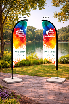 Custom Printed Double Sided Curved Top Flag with Square Concrete Base (30KG) – Premium Satin Fabric Advertising Flag | 2 Printed Fabrics Stitched Together for Double Side View | Indoor & Outdoor Promotional Display | Yalla Printing UAE