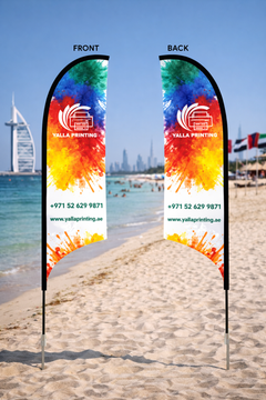 Custom Printed Double Sided Curved Top Flag with Ground Spike – Premium Satin Fabric Advertising Flag | 2 Printed Fabrics Stitched Together for Double Side View | Outdoor Promotional Display | Yalla Printing UAE