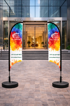 Custom Printed Double Sided Curved Top Flag with Round Black Water Base (32KG) – Premium Satin Fabric Advertising Flag | 2 Printed Fabrics Stitched Together for Double Side View | Indoor & Outdoor Promotional Display | Yalla Printing UAE