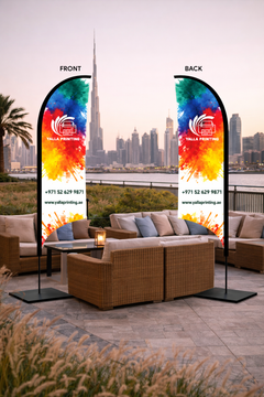 Custom Printed Double Sided Curved Top Flag with Square Metal Base – Premium Satin Fabric Advertising Flag | 2 Printed Fabrics Stitched Together for Double Side View | Indoor & Outdoor Promotional Display | Yalla Printing UAE