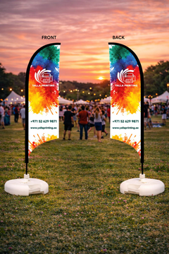 Custom Printed Double Sided Curved Top Flag with White Square Water Base (20KG) – Premium Satin Fabric Advertising Flag | 2 Printed Fabrics Stitched Together for Double Side View | Indoor & Outdoor Promotional Display | Yalla Printing UAE