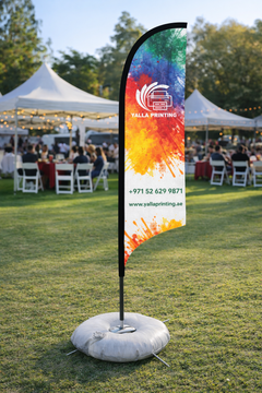 Custom Printed Curved Top Flag with Cross Base & Water Weight Bag – Premium Polyester Fabric Advertising Flag | Single Side Printing with Reversed Back | Indoor & Outdoor Promotional Display | Yalla Printing UAE