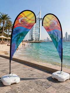 Custom Printed Teardrop Flag with White Square Water Base (20KG) – Premium Polyester Fabric Advertising Flag | Single Side Printing with Reversed Back | Indoor & Outdoor Promotional Display for Events, Retail & Exhibitions | Yalla Printing UAE