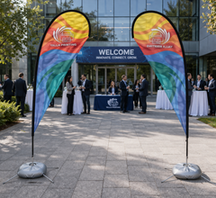 Custom Printed Teardrop Flag with Cross Base & Water Weight Bag – Premium Polyester Fabric Advertising Flag | Single Side Printing with Reversed Back | Indoor & Outdoor Promotional Display for Events, Retail, Exhibitions & Roadshows | Yalla Printing UAE