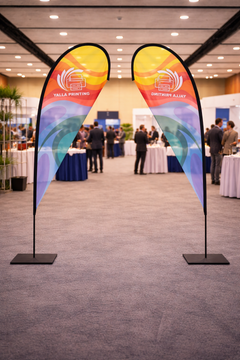 Custom Printed Teardrop Flag with Square Metal Base – Premium Polyester Fabric Advertising Flag | Single Side Printing with Reversed Back | Indoor & Outdoor Promotional Display for Events, Retail & Exhibitions | Yalla Printing UAE