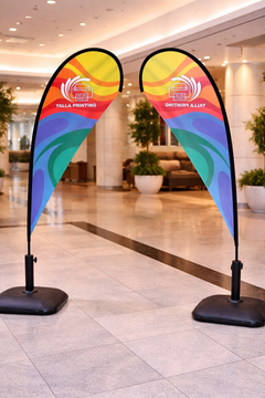 Custom Printed Teardrop Flag with Plastic Coated Concrete Base (30KG) – Premium Polyester Fabric Advertising Flag | Single Side Printing with Reversed Back | Indoor & Outdoor Promotional Display for Events, Retail & Exhibitions | Yalla Printing UAE