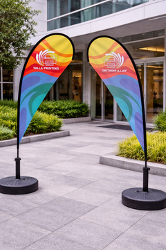Custom Printed Teardrop Flag with Round Black Water Base (32KG) – Premium Polyester Fabric Advertising Flag | Single Side Printing with Reversed Back | Indoor & Outdoor Promotional Display for Events, Retail & Exhibitions | Yalla Printing UAE