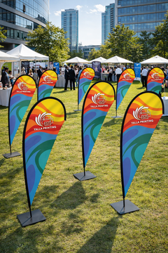 Custom Printed Double Sided Teardrop Flag with Square Metal Base – Premium Satin Fabric Advertising Flag | 2 Printed Fabrics Stitched Together for Double Side View | Indoor & Outdoor Promotional Display | Yalla Printing UAE