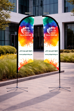 Custom Printed Double Sided Curved Top Flag with Cross Base – Premium Satin Fabric Advertising Flag | 2 Printed Fabrics Stitched Together for Double Side View | Indoor & Outdoor Promotional Display | Yalla Printing UAE