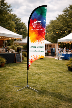Custom Printed Curved Top Flag with Cross Base – Premium Polyester Fabric Advertising Flag | Single Side Printing with Reversed Back | Indoor & Outdoor Promotional Display for Events, Retail & Exhibitions | Yalla Printing UAE