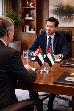 Dual Table Top Flag Stand – Standard Size Satin Double Side Desk Flag with V Shape Silver Pole | Custom Sticker & Label Printing | Free Design Support | Yalla Printing UAE